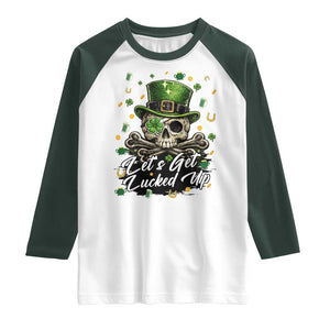 Lets Get Lucked Up Raglan Shirt Lucky Skeleton St Patricks Day TS12 White Dark Forest Green Print Your Wear