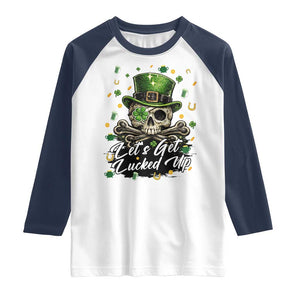 Lets Get Lucked Up Raglan Shirt Lucky Skeleton St Patricks Day TS12 White Navy Print Your Wear
