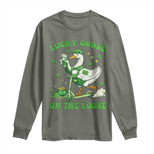 Funny Irish Goose Lover Long Sleeve Shirt Lucky Goose On The Loose TS12 Military Green Print Your Wear