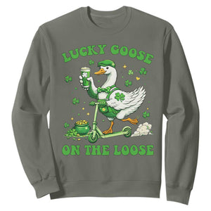 Funny Irish Goose Lover Sweatshirt Lucky Goose On The Loose TS12 Military Green Print Your Wear