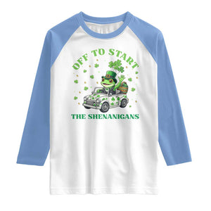 Off To Start The Shenanigans Raglan Shirt St Patricks Day Frog TS12 White Carolina Blue Print Your Wear