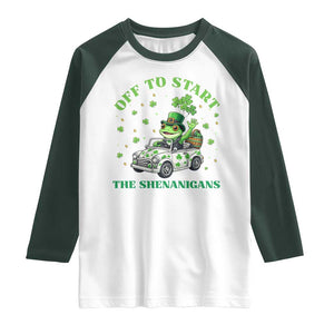 Off To Start The Shenanigans Raglan Shirt St Patricks Day Frog TS12 White Dark Forest Green Print Your Wear