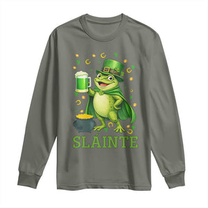 Funny Slainte Irish Frog Beer St Patricks Day Long Sleeve Shirt TS12 Military Green Print Your Wear