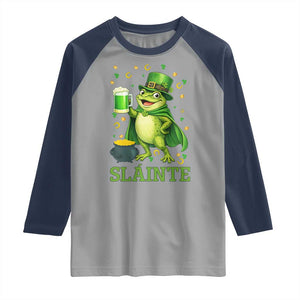 Funny Slainte Irish Frog Beer St Patricks Day Raglan Shirt TS12 Sport Gray Navy Print Your Wear