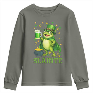 Funny Slainte Irish Frog Beer St Patricks Day Youth Sweatshirt TS12 Military Green Print Your Wear