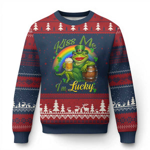 Funny Kiss Me I Am Lucky Ugly Christmas Sweater St Patricks Day Frog TS12 Navy Red Print Your Wear