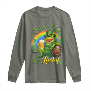 Funny Kiss Me I Am Lucky Long Sleeve Shirt St Patricks Day Frog TS12 Military Green Print Your Wear