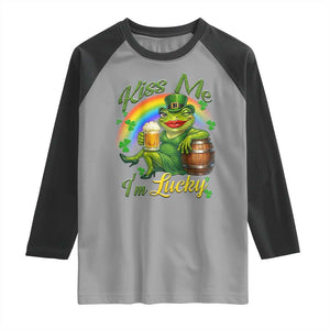 Funny Kiss Me I Am Lucky Raglan Shirt St Patricks Day Frog TS12 Sport Gray Black Print Your Wear