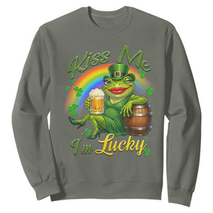 Funny Kiss Me I Am Lucky Sweatshirt St Patricks Day Frog TS12 Military Green Print Your Wear