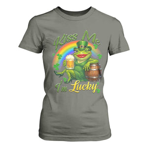 Funny Kiss Me I Am Lucky T Shirt For Women St Patricks Day Frog TS12 Military Green Print Your Wear