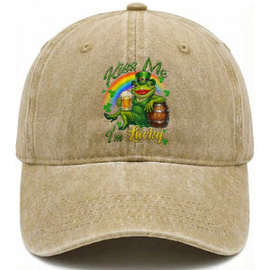 Funny Kiss Me I Am Lucky Washed Cotton Baseball Cap St Patricks Day Frog TS12 Print Your Wear
