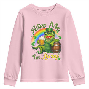 Funny Kiss Me I Am Lucky Youth Sweatshirt St Patricks Day Frog TS12 Light Pink Print Your Wear