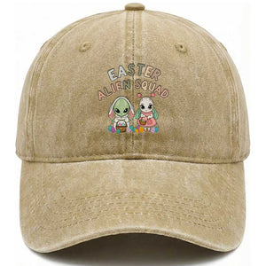 Easter Alien Squad Washed Cotton Baseball Cap Funny UFO Lover Gift TS12 Washed Cap Universal Fit Khaki Print Your Wear