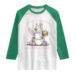 Easter Goose On The Loose Raglan Shirt Funny Easter Egg Hunt Gift TS12 White Kelly Green Print Your Wear