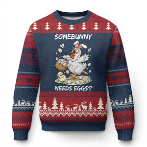 Funny Easter Chicken Bunny Ears Ugly Christmas Sweater Somebunny Needs Eggs TS12 Navy Red Print Your Wear
