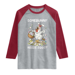 Funny Easter Chicken Bunny Ears Raglan Shirt Somebunny Needs Eggs TS12 Heather Gray Heather Red Print Your Wear