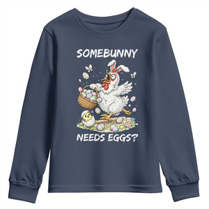 Funny Easter Chicken Bunny Ears Youth Sweatshirt Somebunny Needs Eggs TS12 Navy Print Your Wear