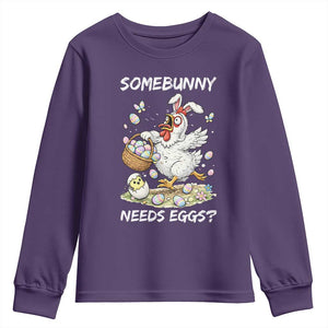 Funny Easter Chicken Bunny Ears Youth Sweatshirt Somebunny Needs Eggs TS12 Purple Print Your Wear