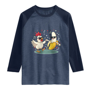 Funny Banana Chicken Dance Raglan Shirt Chaos Dance Meme Graphic TS12 Heather Denim Navy Print Your Wear