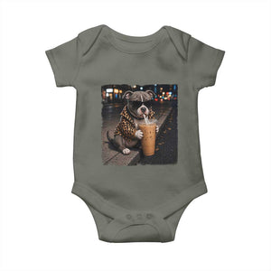 Funny Pitbull Drinking Coffee Baby Onesie Dog Meme Caffeine Graphic TS12 Military Green Print Your Wear