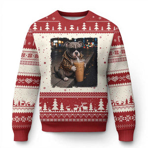 Funny Pitbull Drinking Coffee Ugly Christmas Sweater Dog Meme Caffeine Graphic TS12 Beige Red Print Your Wear