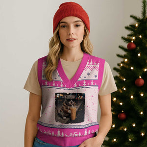 Funny Pitbull Drinking Coffee V-Neck Knit Sweater Vest Dog Meme Caffeine Graphic TS12 Hot Pink Print Your Wear