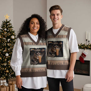 Funny Pitbull Drinking Coffee V-Neck Knit Sweater Vest Dog Meme Caffeine Graphic TS12 Mocha Mousse Print Your Wear