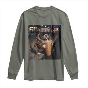 Funny Pitbull Drinking Coffee Long Sleeve Shirt Dog Meme Caffeine Graphic TS12 Military Green Print Your Wear