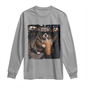 Funny Pitbull Drinking Coffee Long Sleeve Shirt Dog Meme Caffeine Graphic TS12 Sport Gray Print Your Wear