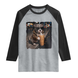 Funny Pitbull Drinking Coffee Raglan Shirt Dog Meme Caffeine Graphic TS12 Heather Gray Black Print Your Wear