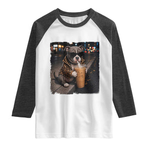Funny Pitbull Drinking Coffee Raglan Shirt Dog Meme Caffeine Graphic TS12 White Heather Charcoal Print Your Wear
