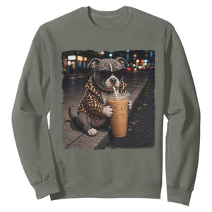 Funny Pitbull Drinking Coffee Sweatshirt Dog Meme Caffeine Graphic TS12 Military Green Print Your Wear