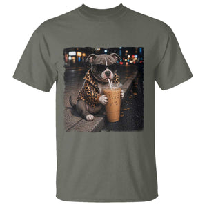 Funny Pitbull Drinking Coffee T Shirt Dog Meme Caffeine Graphic TS12 Military Green Print Your Wear