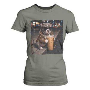 Funny Pitbull Drinking Coffee T Shirt For Women Dog Meme Caffeine Graphic TS12 Military Green Print Your Wear
