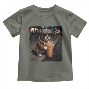 Funny Pitbull Drinking Coffee Toddler T Shirt Dog Meme Caffeine Graphic TS12 Military Green Print Your Wear