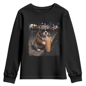 Funny Pitbull Drinking Coffee Youth Sweatshirt Dog Meme Caffeine Graphic TS12 Black Print Your Wear