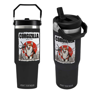 Corgizilla Giant Flip Straw Tumbler Funny Corgi Monster Roaring Tokyo Japan TS12 One Size: 30 oz Black Print Your Wear
