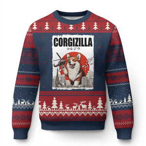 Corgizilla Giant Ugly Christmas Sweater Funny Corgi Monster Roaring Tokyo Japan TS12 Navy Red Print Your Wear