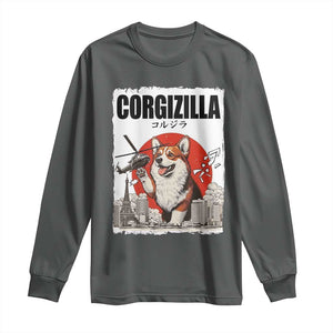 Corgizilla Giant Long Sleeve Shirt Funny Corgi Monster Roaring Tokyo Japan TS12 Dark Heather Print Your Wear