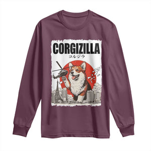 Corgizilla Giant Long Sleeve Shirt Funny Corgi Monster Roaring Tokyo Japan TS12 Maroon Print Your Wear