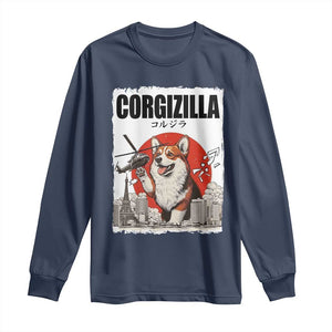 Corgizilla Giant Long Sleeve Shirt Funny Corgi Monster Roaring Tokyo Japan TS12 Navy Print Your Wear
