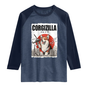 Corgizilla Giant Raglan Shirt Funny Corgi Monster Roaring Tokyo Japan TS12 Heather Denim Navy Print Your Wear