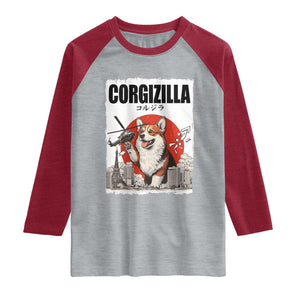 Corgizilla Giant Raglan Shirt Funny Corgi Monster Roaring Tokyo Japan TS12 Heather Gray Heather Red Print Your Wear