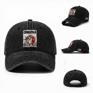 Corgizilla Giant Washed Cotton Baseball Cap Funny Corgi Monster Roaring Tokyo Japan TS12 Washed Cap Universal Fit Black Print Your Wear