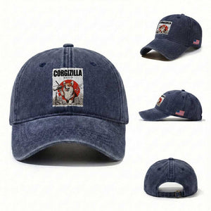 Corgizilla Giant Washed Cotton Baseball Cap Funny Corgi Monster Roaring Tokyo Japan TS12 Washed Cap Universal Fit Navy Print Your Wear