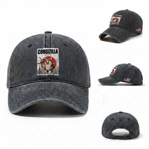 Corgizilla Giant Washed Cotton Baseball Cap Funny Corgi Monster Roaring Tokyo Japan TS12 Washed Cap Universal Fit Dark Gray Print Your Wear