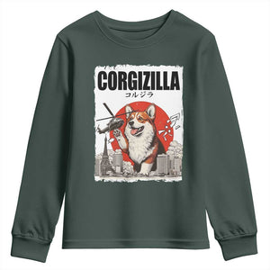 Corgizilla Giant Youth Sweatshirt Funny Corgi Monster Roaring Tokyo Japan TS12 Dark Forest Green Print Your Wear