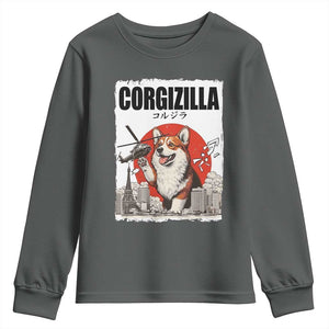 Corgizilla Giant Youth Sweatshirt Funny Corgi Monster Roaring Tokyo Japan TS12 Dark Heather Print Your Wear