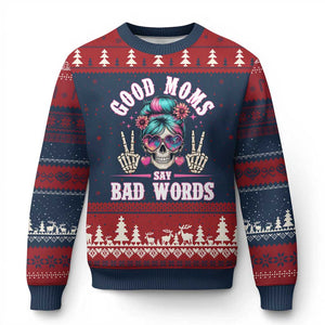 Skeleton Messy Bun Mom Ugly Christmas Sweater Good Moms Say Bad Words TS12 Navy Red Print Your Wear