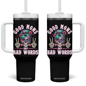Skeleton Messy Bun Mom Tumbler With Handle Good Moms Say Bad Words TS12 One Size: 40 oz Black Print Your Wear